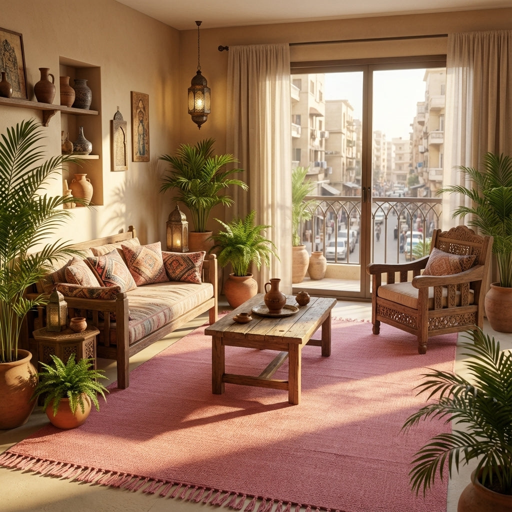 Rosa kilim rug in modern living room decor Egyptian handmade carpet interior design